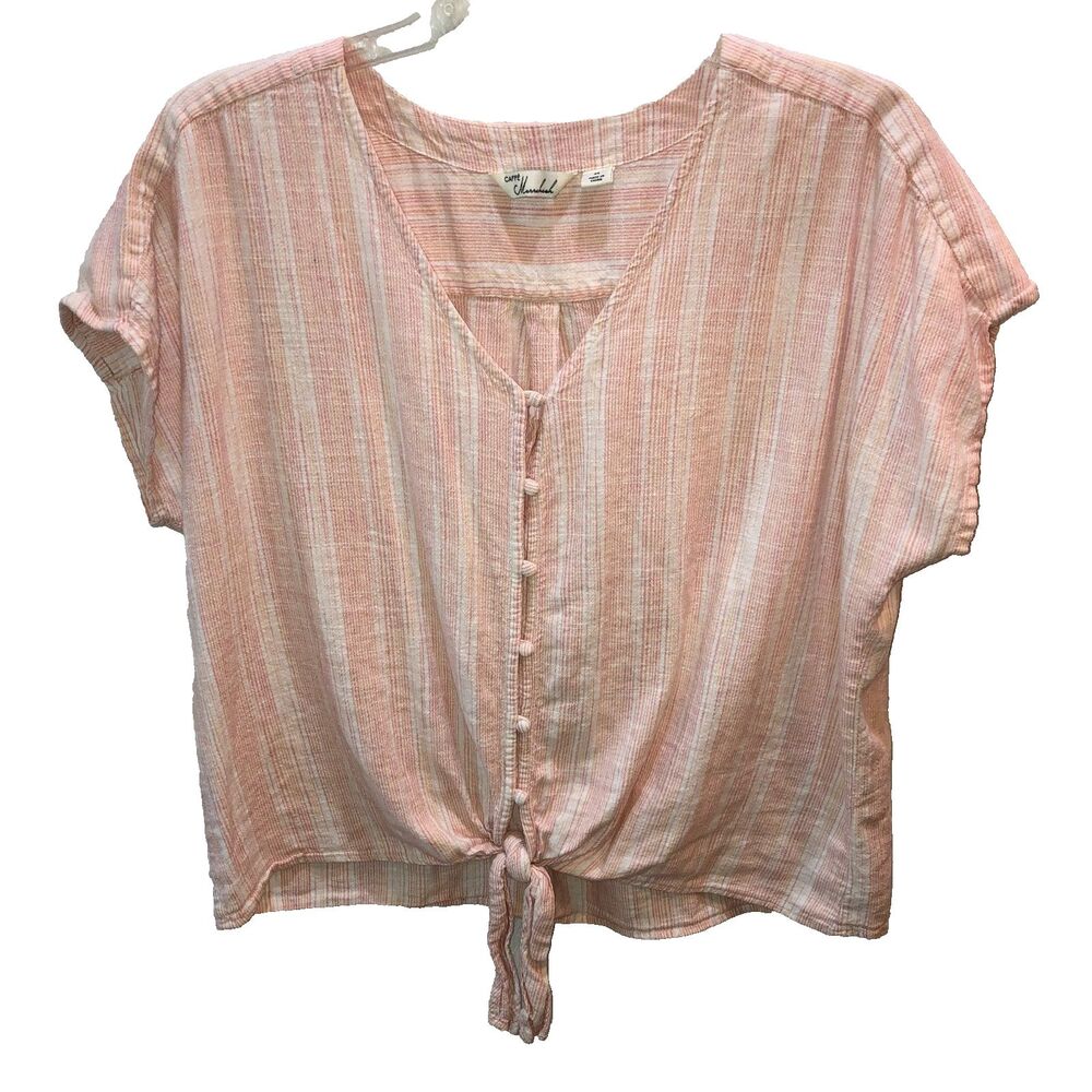 Caffe Marrakesh Linen Blend Top Women XL Pink Orange Striped Tie Bottom Shirt